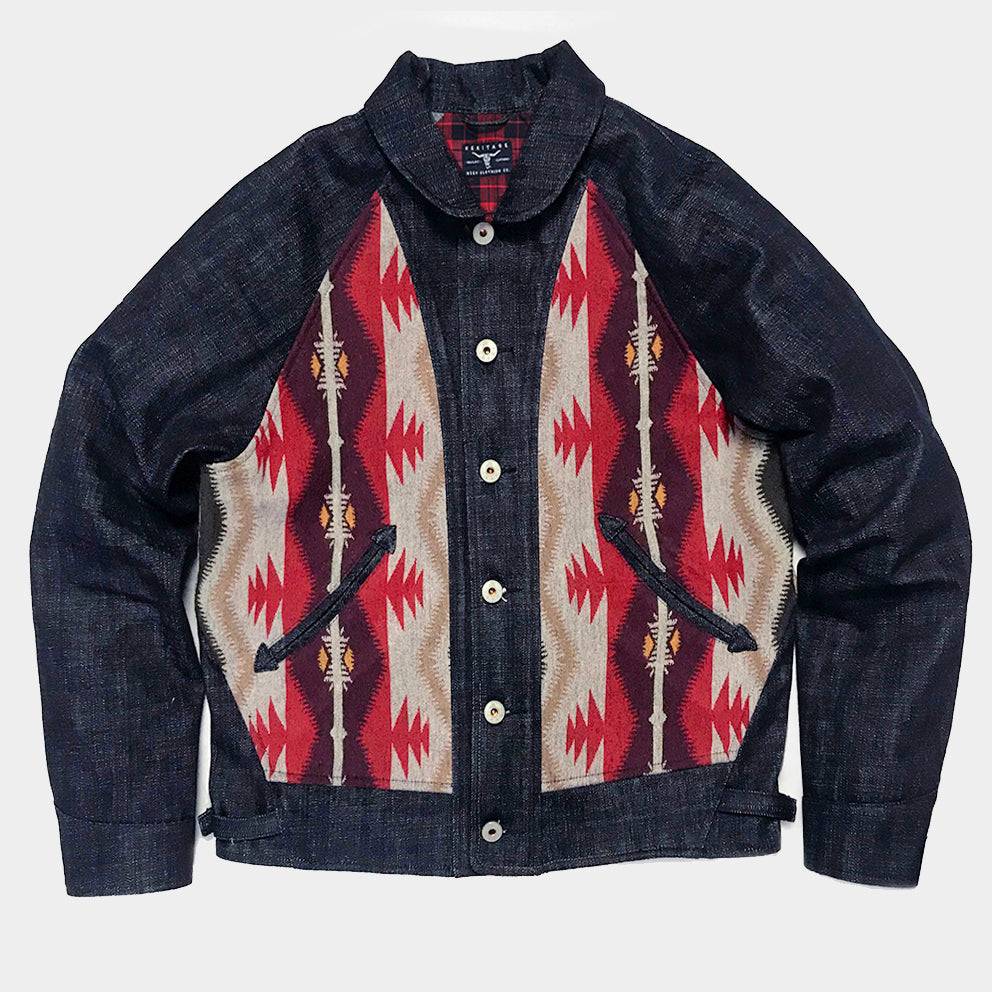 BZEN REGULAR FIT RAGLAN SLEEVE NATIVE AMERICAN MOTIF BLANKET PANEL SLUB DENIM COSSACK INDIGO
