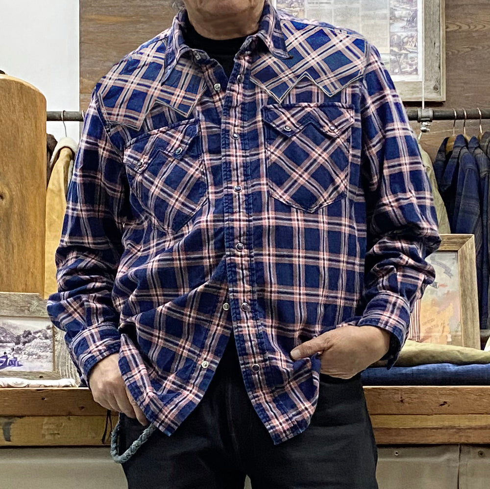 DDL 319R-DIABLO SWT-CRB REGULAR FIT 2 POCKET WESTERN INDIGO RED CHECK SHIRT-6.5OZ-E1 1L INDIGO CHECK