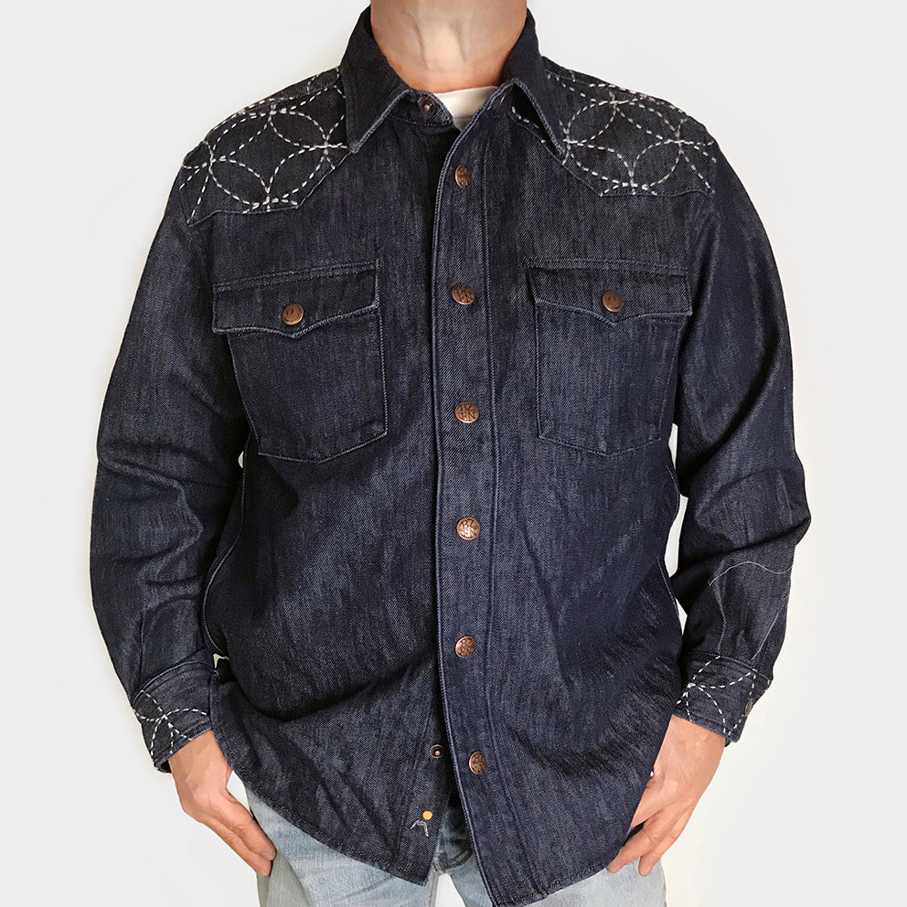 Bzen M.3239 Mens Sashiko Part 2 Western Denim Shirt- Rinse Indigo