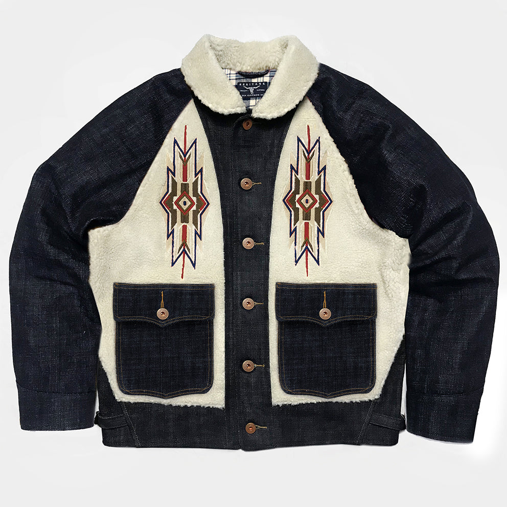 BZEN M.3003R-SANTANA-NAV I REGULAR FIT RAGLAN SLEEVE SHERPA PANELS WITH  NATIVE AMERICAN MOTIF EMBROIDERY SLUB DENIM COSSACK JACKET-14.5OZ-HRH INDIGO