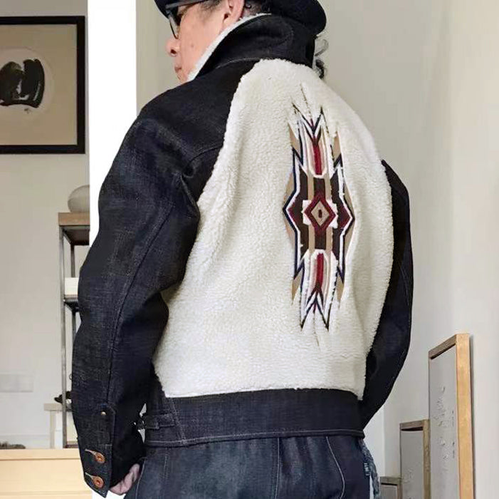 BZEN M.3003R-SANTANA-NAV I REGULAR FIT RAGLAN SLEEVE SHERPA PANELS WITH  NATIVE AMERICAN MOTIF EMBROIDERY SLUB DENIM COSSACK JACKET-14.5OZ-HRH INDIGO